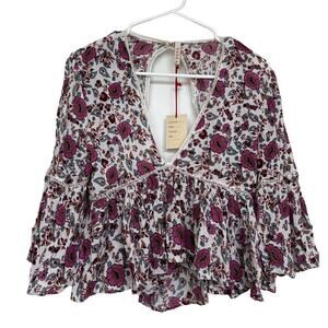 Raga Floral Boho Ruffle Blouse Open Back Size S NWT
